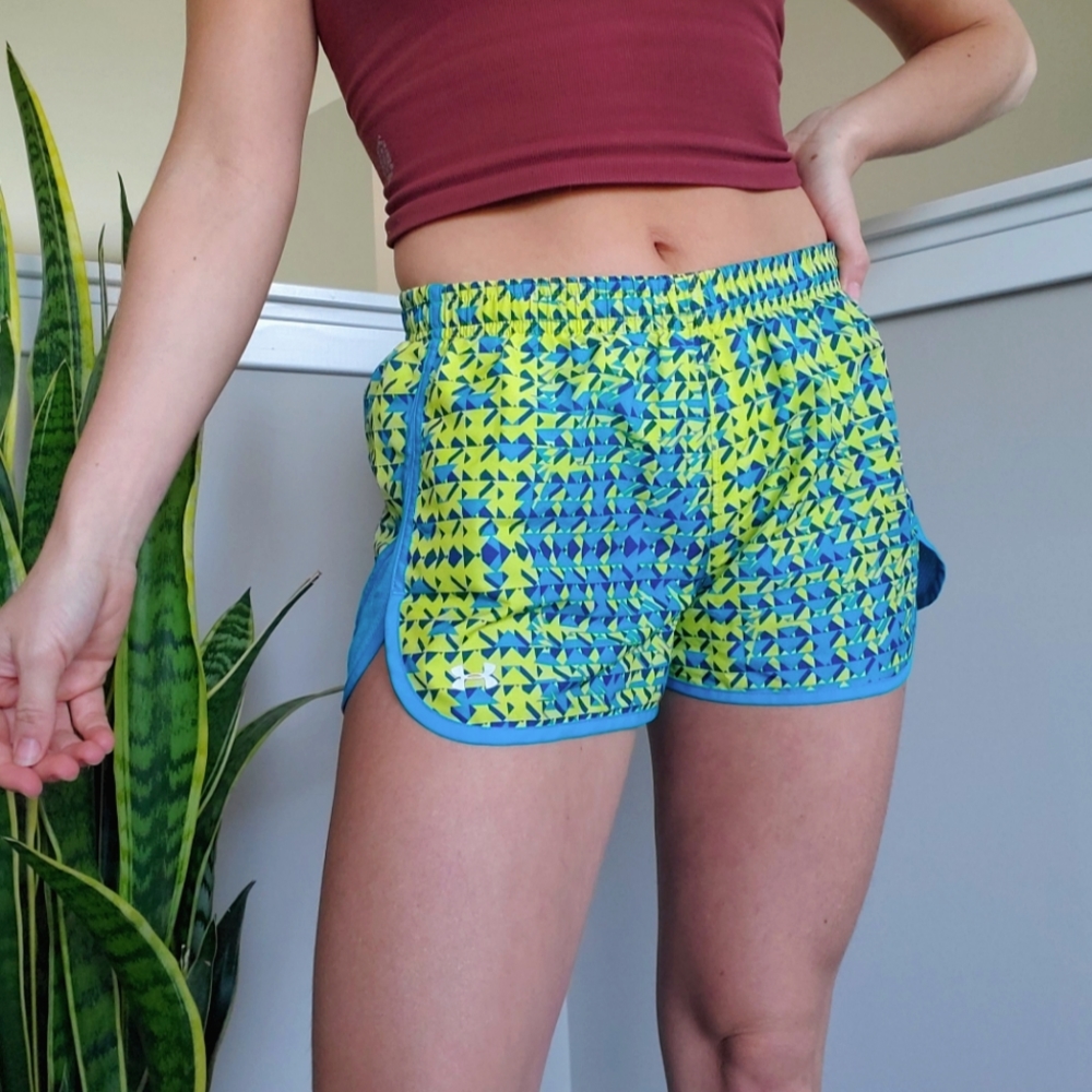 Under Armour Green and Blue Neon Lined Running Shorts Small